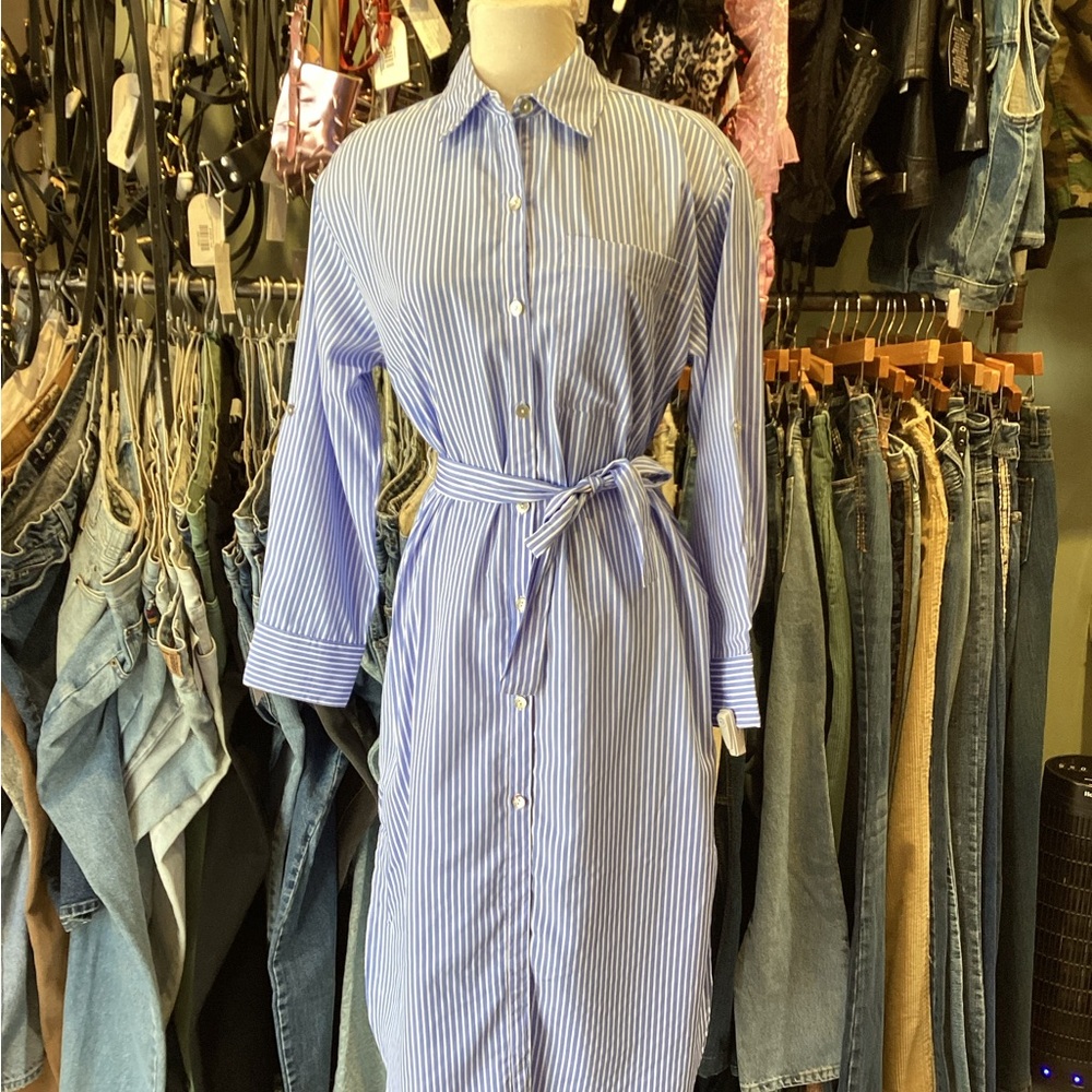 Emily Blue Striped LS belted Shirt Dress